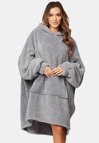 Sudadera con capucha de gran tamaño en color gris, fabricada en suave forro polar, con mangas sueltas, un bolsillo delantero y un dobladillo curvado.