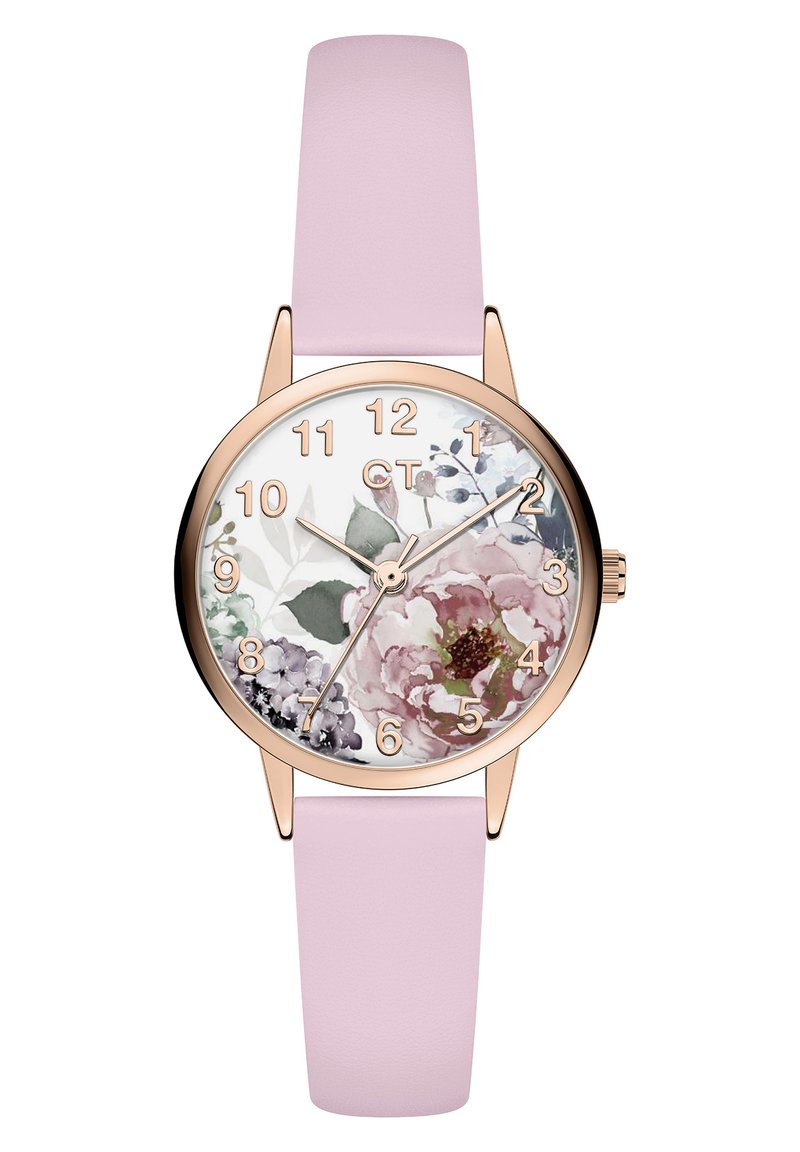 Ronde polshorloge met een roségouden kast, een wit dial met bloempatroon en een roze leren band. Voorzien van gouden uurmarkeringen en wijzers.