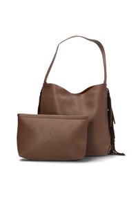 Bolso tote de cuero marrón con un acabado texturizado, que cuenta con una correa para el hombro y un pequeño bolsito extraíble. Incluye detalles de flecos.