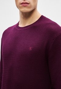 Burgunderfarbener Strickpullover mit strukturiertem Muster, Rundhalsausschnitt und dezentem Logo auf der Brust. Glattes, weiches Material.