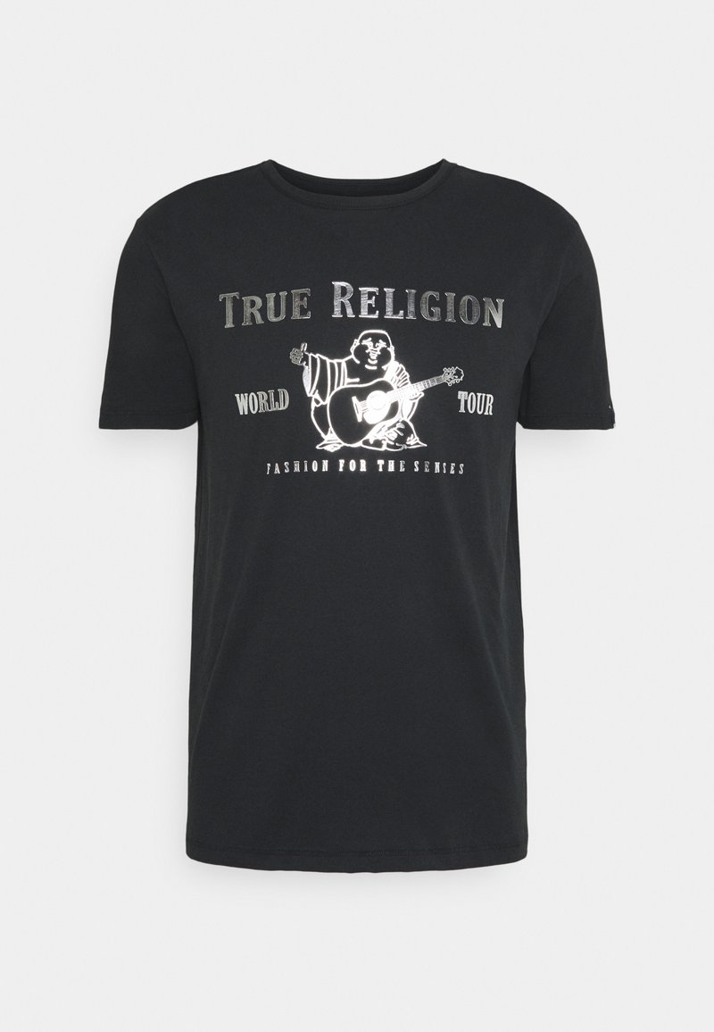 Svart bomull t-shirt med en grafik av en sittande figur med en gitarr och texten "TRUE RELIGION WORLD TOUR" i metalliskt silver.