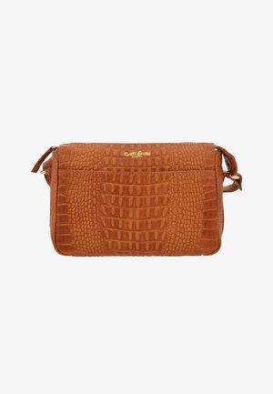 Brūna krokodila rakstota ādas crossbody soma ar rāvējslēdzēja aizdari, regulējamu siksnu un zelta logotipa detaļu priekšā. Visā virsmā ir teksturēts raksts.