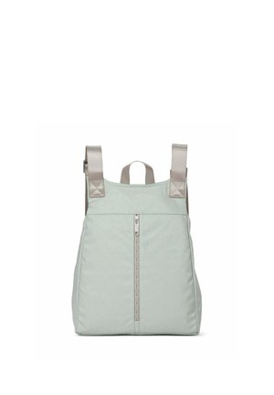 Light gray backpack with a front vertical zipper, wide beige straps, and a top carrying loop on a white background.
