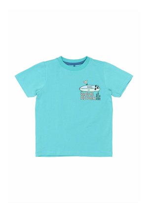 Tyrkysové bavlnené tričko s krátkymi rukávmi, s grafikou surfboardu a textom "WAVE RIDER" v kontrastnej čiernej a bielej farbe.