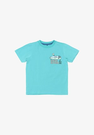 Camiseta de algodón turquesa con mangas cortas, que presenta un gráfico de una tabla de surf y el texto "WAVE RIDER" en negro y blanco contrastantes.