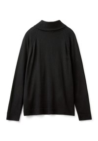 Czarny sweter z wysokim kołnierzem, długimi rękawami raglanowymi, ściągaczami na mankietach i na dole. Miękka tekstura, minimalistyczny design.