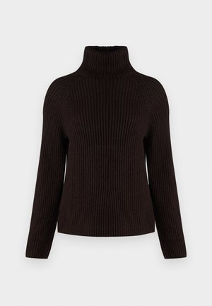 Pull à col roulé côtelé de couleur marron foncé, à manches longues, de forme ajustée, avec un motif de tricot texturé. Pas de matériel ou d'accents visibles.