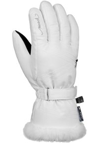 White insulated winter glove with black thumb detail, adjustable wrist strap, stitched design, and fur-lined cuff.