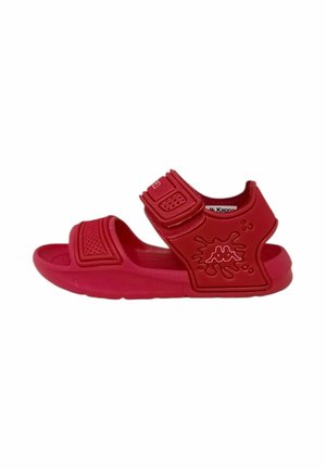 Sandalo rosso con punta aperta, cinturini regolabili e logo a forma di schizzi sul lato.