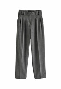 Pantalon gris plissé à fines rayures verticales, fabriqué dans un tissu lisse. Dispose d'une taille ajustée et d'une coupe large.