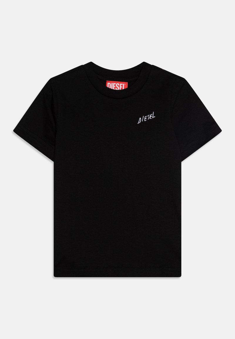 T-shirt nera in cotone con maniche corte. Presenta un logo ricamato bianco "DIESEL" nella parte sinistra del petto. Design semplice, vestibilità standard.