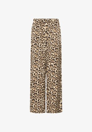 Lepardų rašto plačios kelnes su smėlio spalvos fonu ir juodais bei rudi taškais, pagamintos iš minkštos medžiagos su elastinga juosmens juosta.