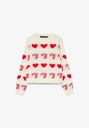 Maglione bianco lavorato a maglia con motivi alternati di cuori rossi e bastoncini di zucchero, con scollatura a girocollo e maniche lunghe.