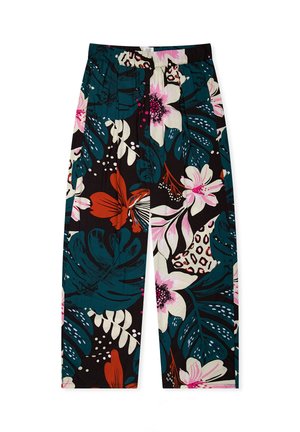 Pantalon à jambes larges avec taille élastique présentant un motif floral audacieux en couleurs bleu sarcelle, rouge, rose, blanc et noir.