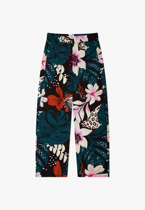 Wide-leg pants with elastic waist featuring a bold floral pattern in teal, red, pink, white, and black colors.