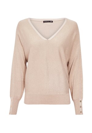Pull beige scintillant avec un décolleté en V, des manches longues et des accents de boutons aux poignets. Texture douce avec une finition légèrement pailletée.
