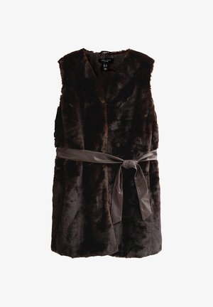 Chaleco sin mangas de piel sintética marrón oscuro con escote en V y cinturón de cuero liso atado a la cintura.