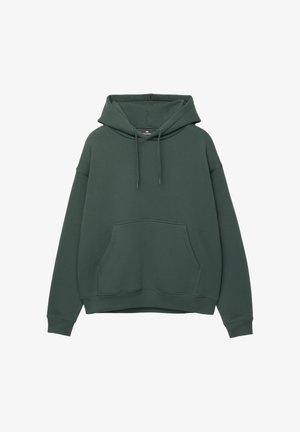 Green oversized hoodie made of soft cotton blend, featuring a kangaroo pocket, drawstring hood, and ribbed cuffs and hem.