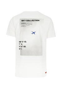 White cotton t-shirt featuring a gray graphic on the back with blue airplane and text details, including coordinates and "SKY COLLECTION."