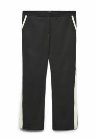 Pantalon noir à coupe droite, avec des rayures latérales crème, des poches avant et une taille élastique pour un confort accru.