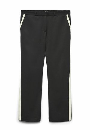 Schwarze Hose mit geradem Schnitt, ausgestattet mit cremefarbenen Seitenstreifen, Fronttaschen und einem elastischen Bund für zusätzlichen Komfort.