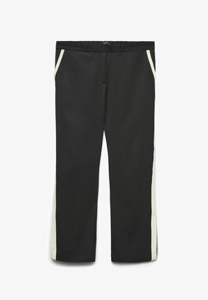 Schwarze Hose mit geradem Schnitt, ausgestattet mit cremefarbenen Seitenstreifen, Fronttaschen und einem elastischen Bund für zusätzlichen Komfort.