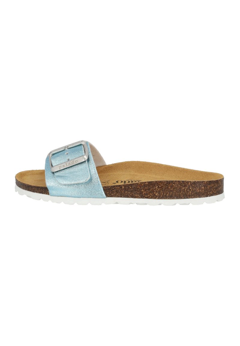 Infradito in finta pelle blu con fibbia metallica, soletta in sughero e suola in gomma bianca. Design piatto con una fascia larga.