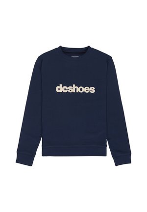 Donkerblauwe sweatshirt met lange mouwen, geribde boorden en zoom, met het "dcshoes" logo in beige tekst aan de voorkant in het midden.