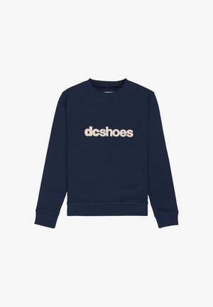 Marineblaue Sweatshirt mit langen Ärmeln, gerippten Bündchen und Saum, mit "dcshoes" Logo in beigem Text vorne in der Mitte.