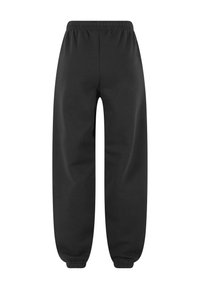 Schwarze Jogginghose aus weichem Stoff mit elastischem Bund und enger zulaufenden Bündchen, entworfen für Komfort und Bewegungsfreiheit.