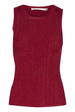 Top a canotta rosso a coste con una texture liscia e scollatura rotonda. Presenta un design aderente senza maniche, realizzato in un materiale lucido.