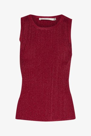 Punane soonikuga tank top, millel on sile tekstuur ja ümmargune kaelus. Omab kehaürget kujundust ilma varrukateta, valmistatud säravast materjalist.