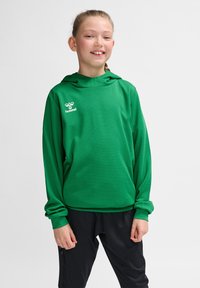 Grøn hættetrøje lavet af tekstureret stof, med lange ærmer og et logo trykt i hvid. Båret med sorte bukser.
