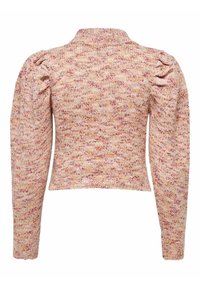 Pull en tricot avec un col haut, des manches ballons et une coupe courte. Doté d'un motif multicolore dans des nuances de pêches et de rose.