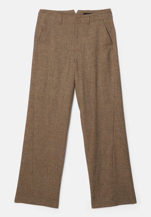Brown, wide-leg trousers made of textured fabric with a subtle check pattern, featuring two side pockets and a mid-rise waistband.