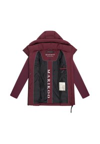 Bordeaux pufferjack met een zwarte binnenkant, gekenmerkt door een groot logo, ritszakken en een capuchon. Duurzaam materiaal met een gestructureerde afwerking.