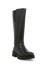 Stivale in pelle nera fino al ginocchio con una texture liscia, punta arrotondata e suola in gomma spessa. Presenta un design minimalista e una sottile apertura laterale.