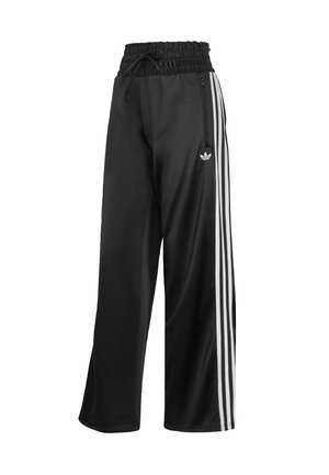 Black athletic pants with a smocked waistband, drawstring, two side pockets, and three white stripes on the outer legs. Features logo on front.