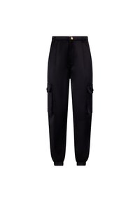 Schwarze Cargo-Hosen aus einem glatten Stoff, mit zwei Seitentaschen, elastischen Bündchen an den Knöcheln und einem Knopfverschluss an der Taille.