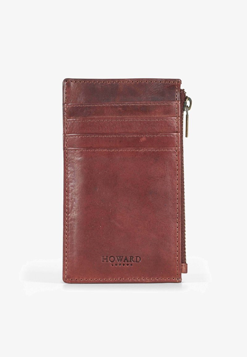 Brown leather cardholder with multiple card slots and a zipper closure. Features smooth texture and embossed brand logo on the front.
