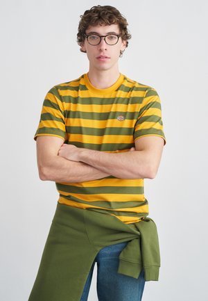 Pruhované tričko s krátkym rukávom v žltej a zelenej farbe s okrúhlym výstrihom a logovou nášivkou. Zelený sveter zviazaný v páse, kombinovaný s modrými džínami.