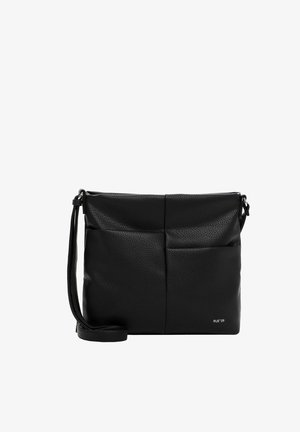 Schwarze Umhängetasche aus strukturiertem Leder mit verstellbarem Riemen, Fronttaschen und kleinem "RUE '09" Logo in der unteren rechten Ecke.