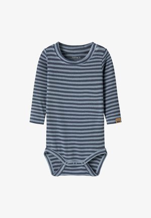 Langärmliger Baby-Body mit horizontalen dunkel- und hellgrauen Streifen und Druckknöpfen am Boden zum Windelwechsel.