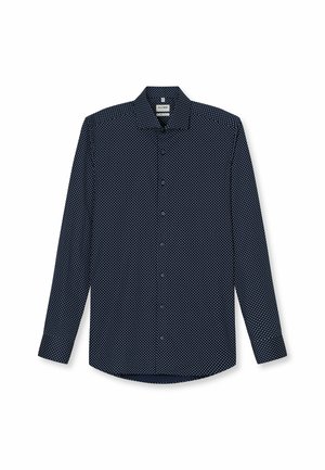 Camicia a maniche lunghe di colore blu navy con motivo a pois bianchi, colletto con bottoni e orlo curvo. Realizzata in tessuto leggero.