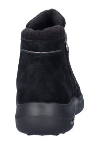 Botín de ante negro hasta el tobillo con punta redonda, cuello de punto texturizado y detalle de cremallera lateral. Presenta una suela plana de goma.