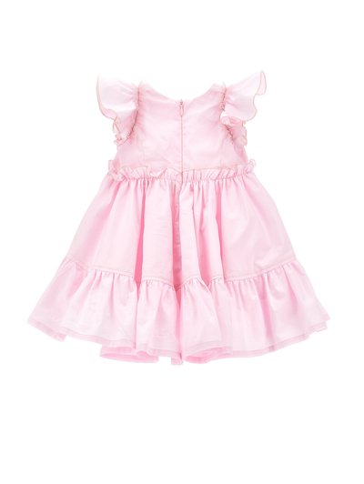 Ανοιχτό ροζ φόρεμα για νήπιο χωρίς μανίκια, με βολάν στους ώμους, σούρα στη μέση και πολυεπίπεδη φούστα με βολάν, φαίνεται από πίσω.