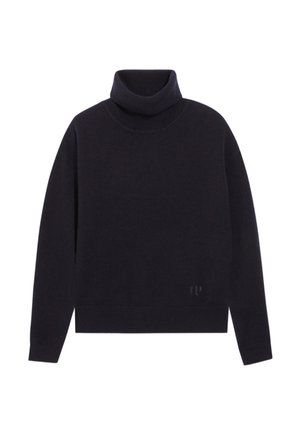 Maglione a collo alto di un blu navy scuro, in tessuto lavorato a maglia, dal fit morbido, con collo e orlo a coste, caratterizzato da un piccolo logo sul lato inferiore.