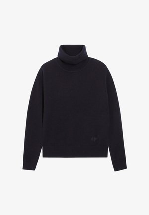 Tumedat meriinovillane kaelus-sweater, kudumiskangas, lahtine lõige, soonikuline krae ja äär, millel on väikene logo alumisel küljel.