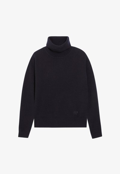 Tamsiai mėlyna golfas, megzto audinio, laisvas pjaustymas, raštuotas apykaklė ir apatinė dalis, su mažyte logotipo etikete apatinėje pusėje.