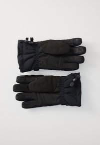 Sorte utendørshansker med lærflater og fingre, elastiske mansjetter og tekstilbakker. Har justerbare snorer for en sikker passform.